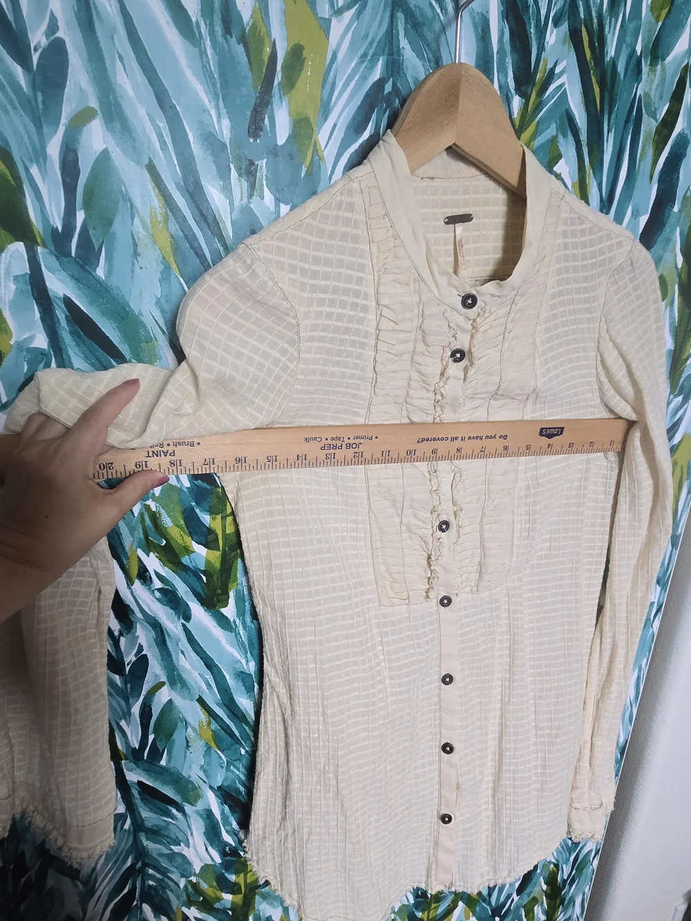 FREE PEOPLE Cream Pleated Bodice Grid Pattern Raw Ruffle Trim Peasant Top Sz 2